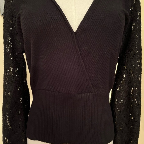 Anthropologie Black V-Neck Sweater with Lace Sleeves - Picture 5 of 7